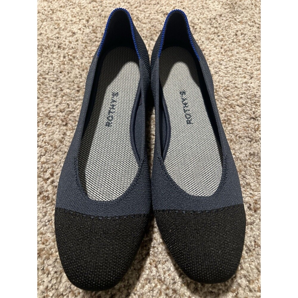Rothys The Point Navy Blue Black Cap Toe Knit Flats Shoes Womens Sz 10.5